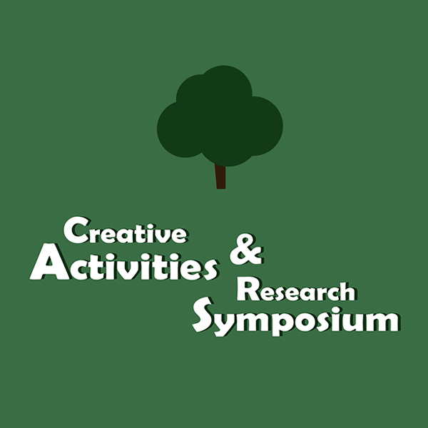 White letters spelling out the words Creative Activities and research Symposium Logo on a green background with small trees.