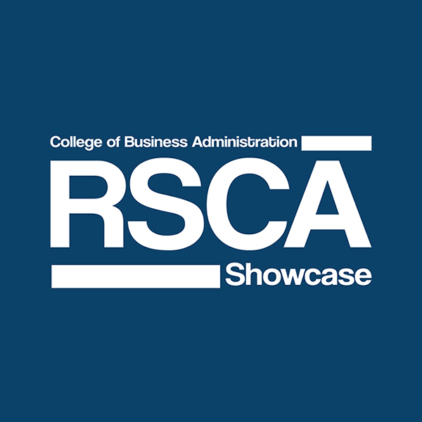 White letters spelling out College of Business Administration RSCA Showcase on a blue background.
