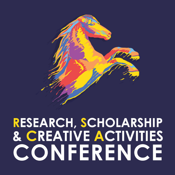 A multi-colored horse head and torso with white letters spelling out the words Research, Scholarship, and Creative Activities Conference on a purple background.